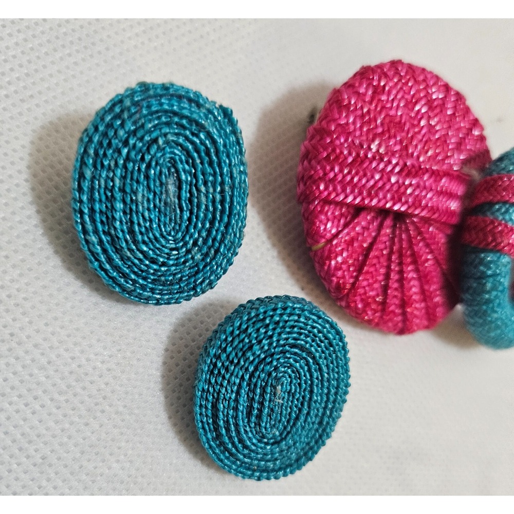 Vintage HOT Pink and Turquoise Blue Raffia Weave Oval Earrings Brooch Pin‎ 80's - Picture 3 of 9